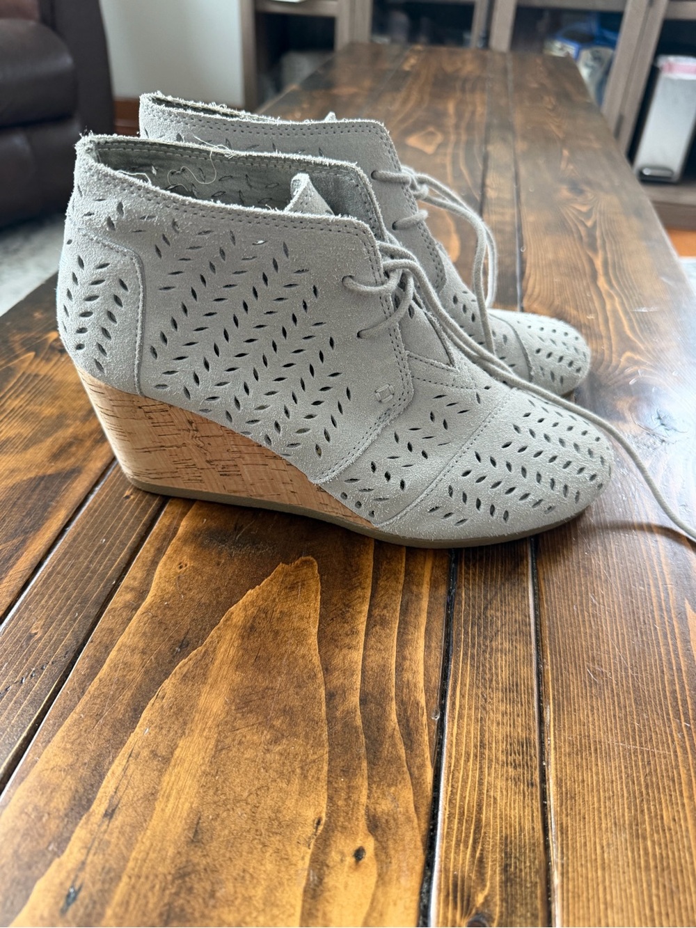 Toms Light Gray Perforated Suede Lace-Up Wedge Booties